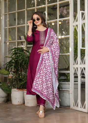Rayon Embroidared Kurta Set With Muslin Printed Dupatta
