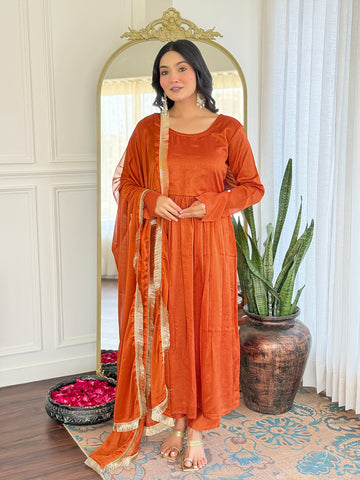 Orange Vichitra Kurta Set with Chinon Dupatta