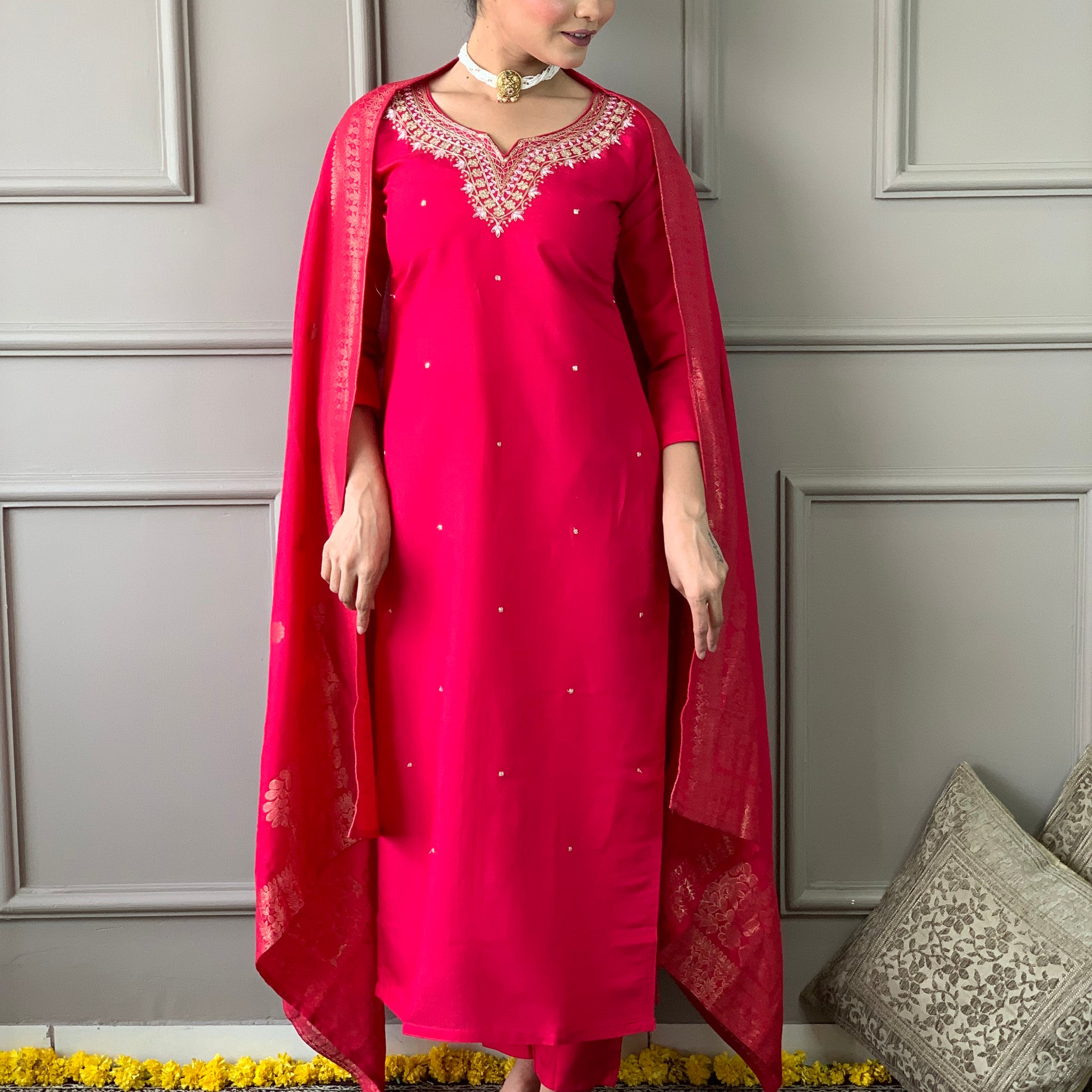 Red Viscose Chanderi Kurta Set With Dupatta