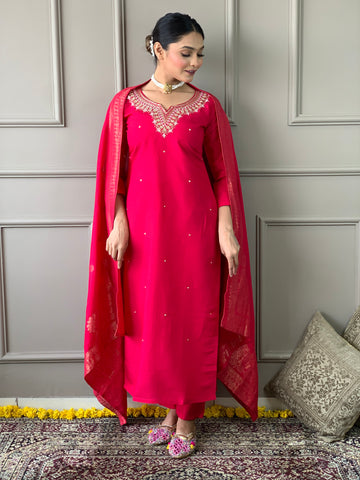 Red Viscose Chanderi Kurta Set With Dupatta