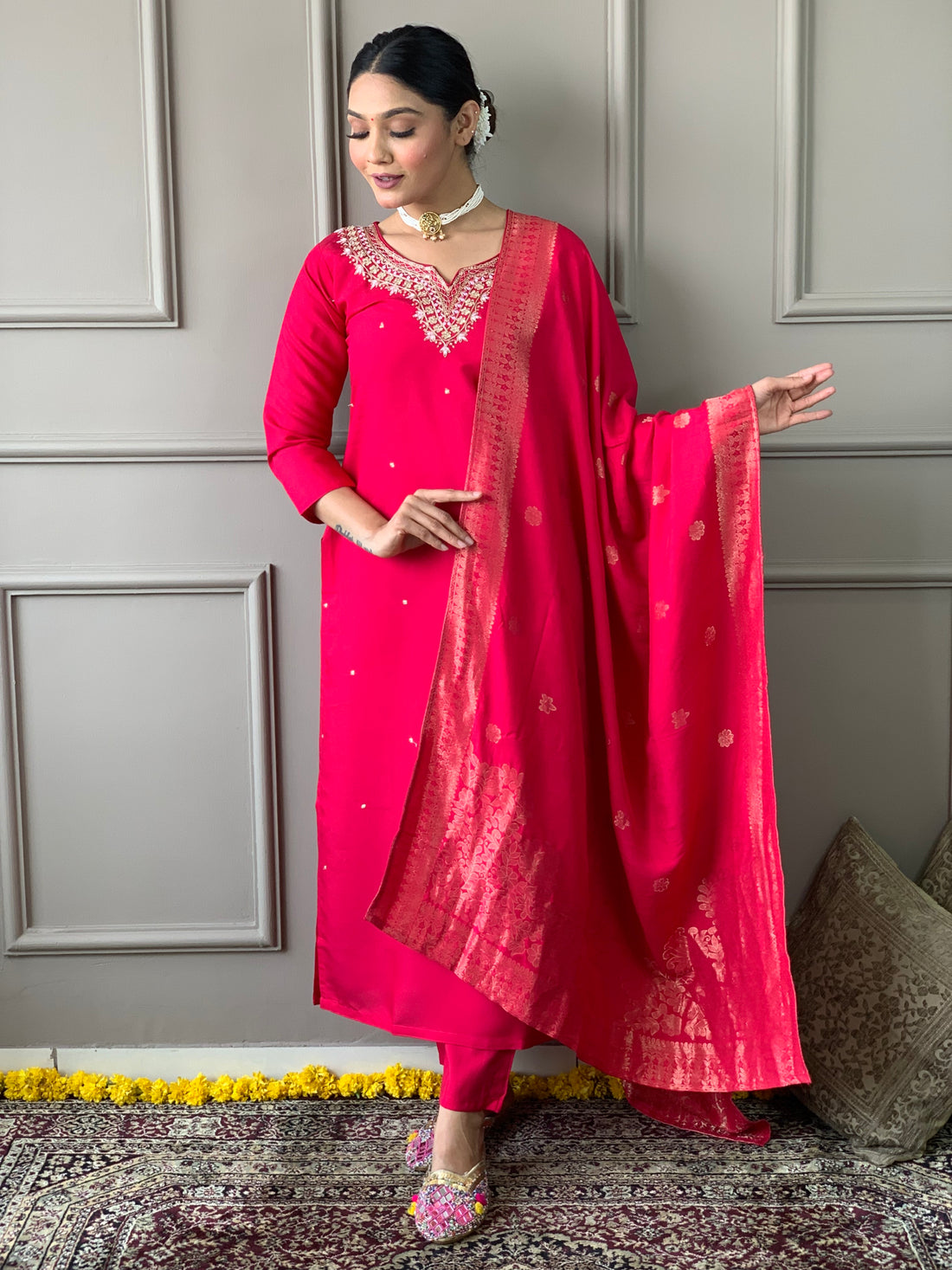 Red Viscose Chanderi Kurta Set With Dupatta