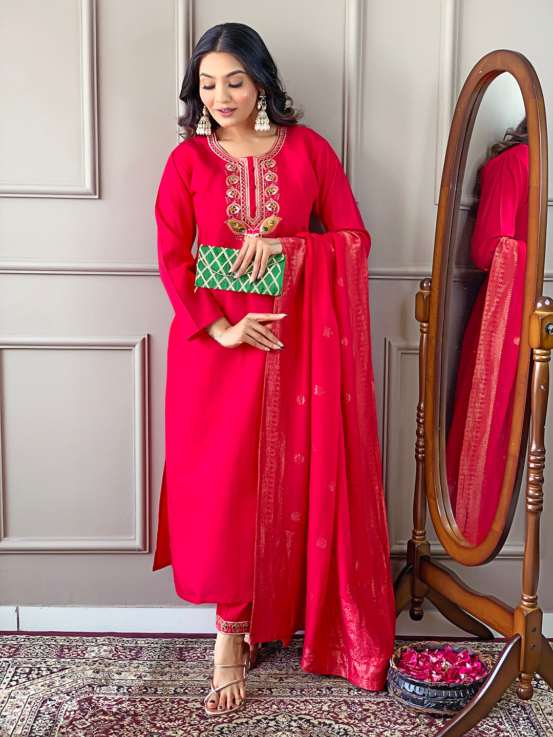 Viscose Chanderi Kurta Set With Dupatta