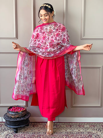 Pink Embroidered Chanderi Suit with Printed Dupatta