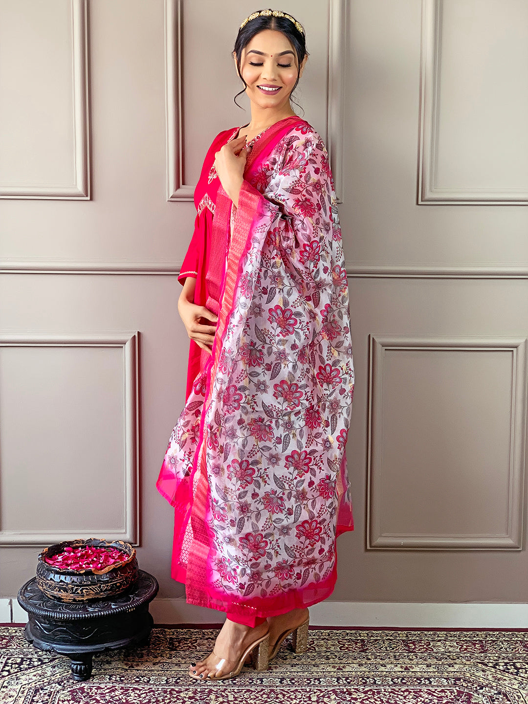 Pink Embroidered Chanderi Suit with Printed Dupatta