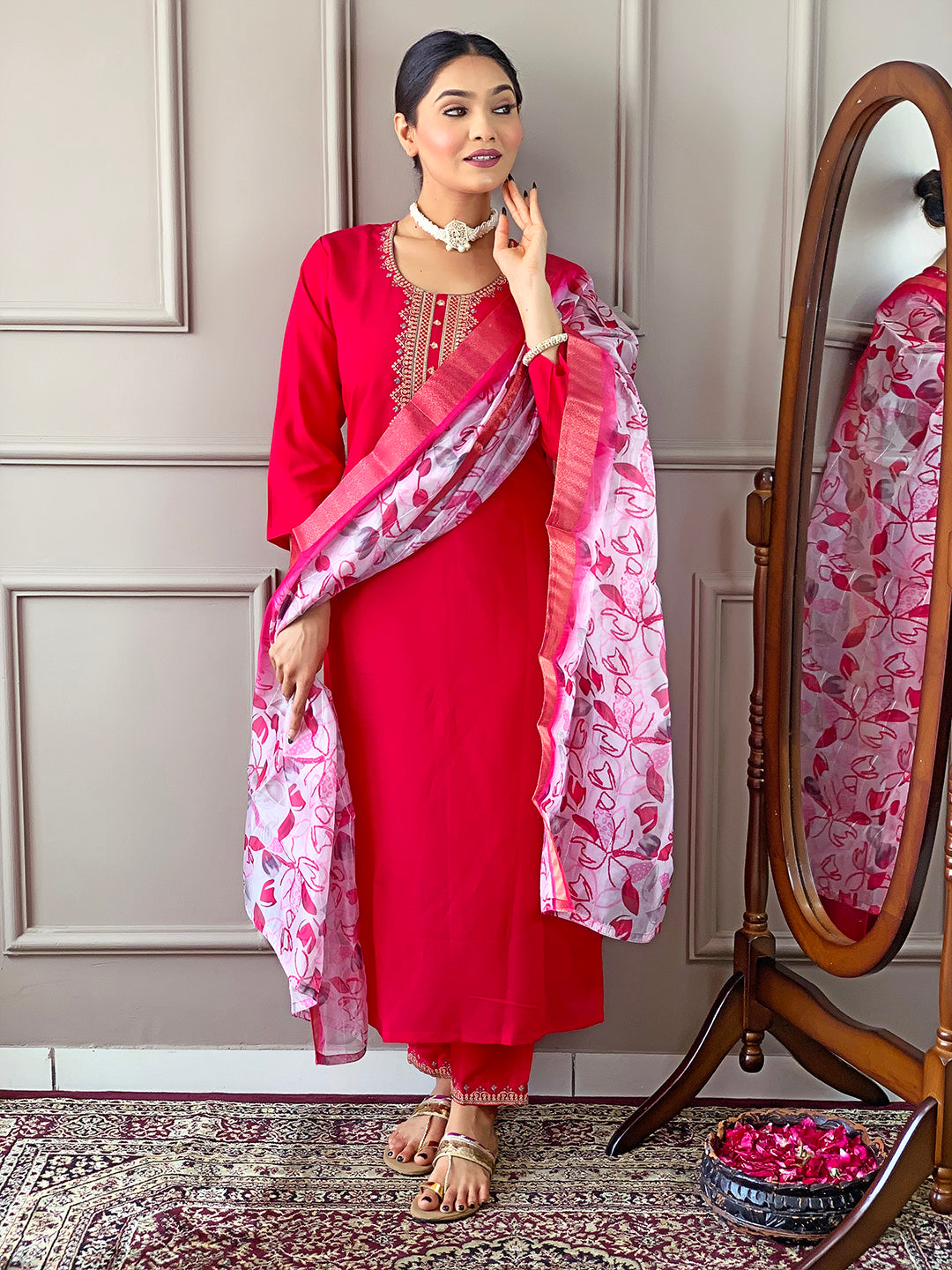 Red Viscose Chanderi Kurta Set With Dupatta