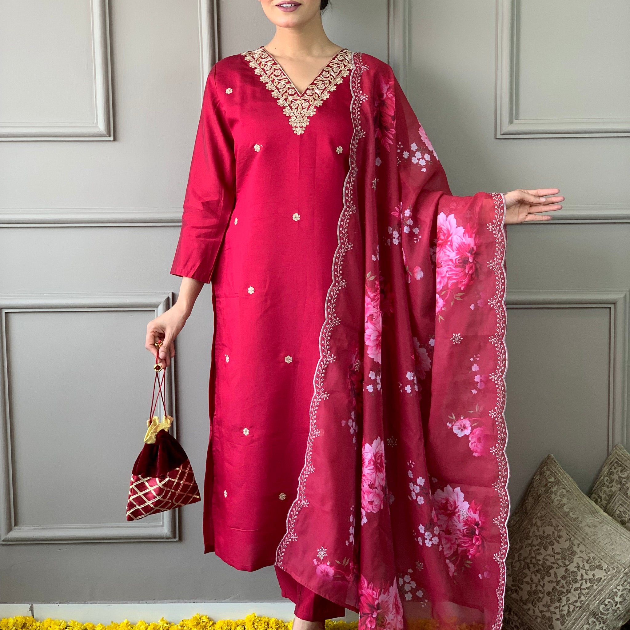 Viscose Chanderi Kurta Set With Dupatta