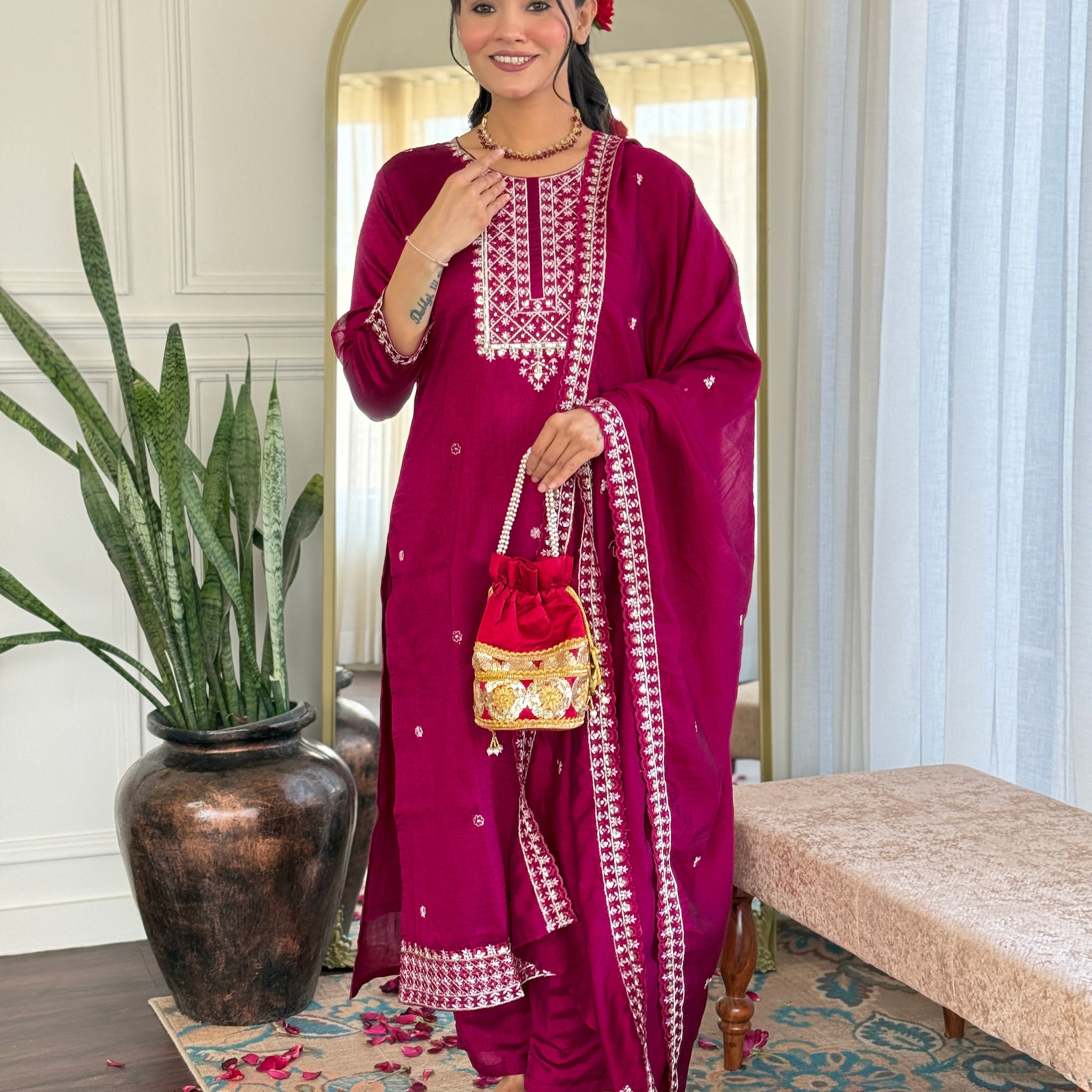 Gulaabi Bahaar Embroidery Kurta Set with Dupatta