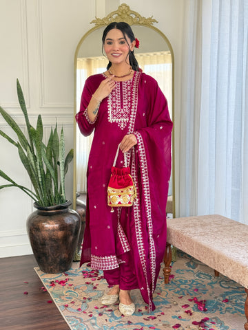 Gulaabi Bahaar Embroidery Kurta Set with Dupatta