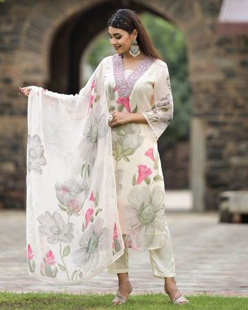 Roman Silk Kurta Set With Georgette Printed Dupatta