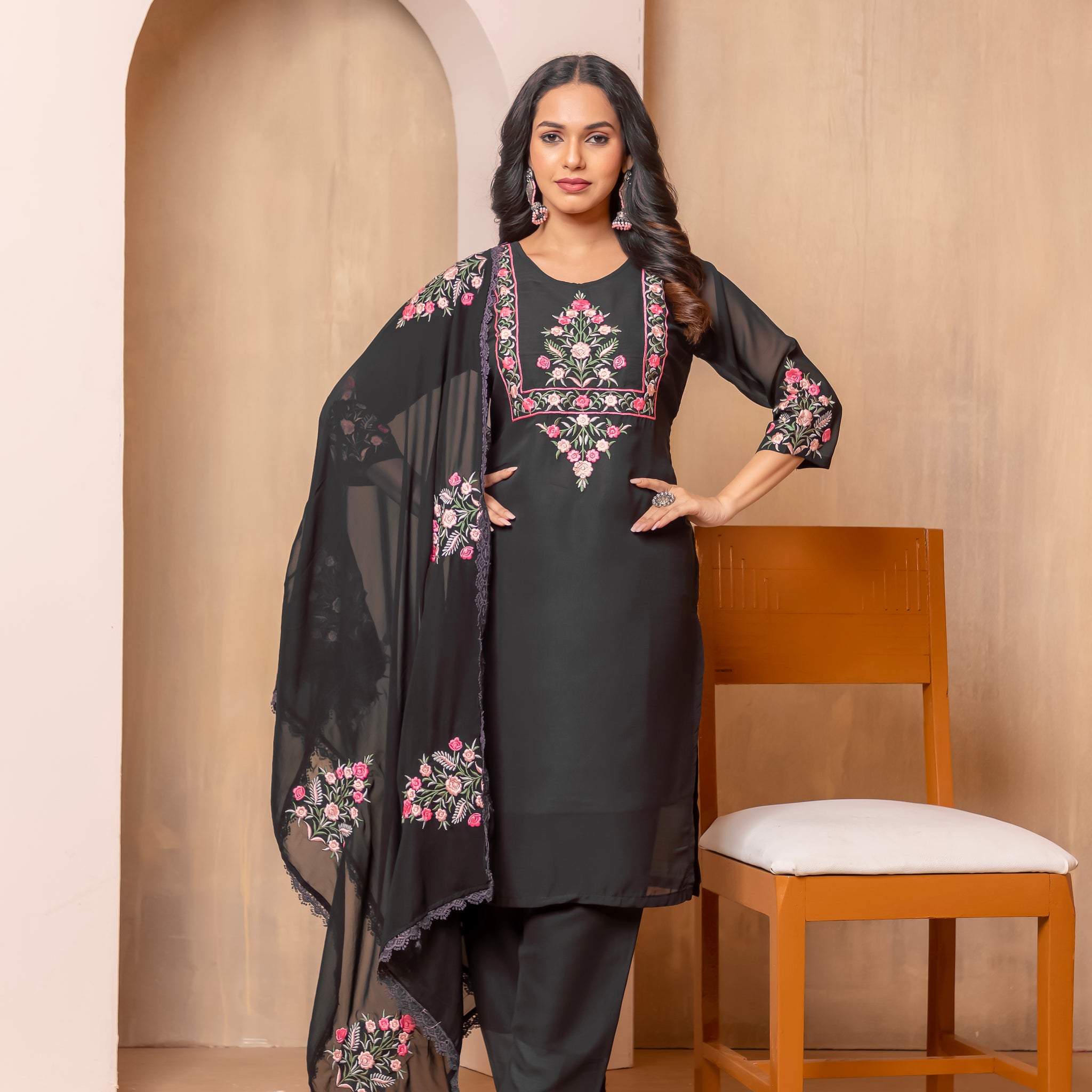 Heavy Faux Georgette Embroidery Work Kurta Set With Dupatta