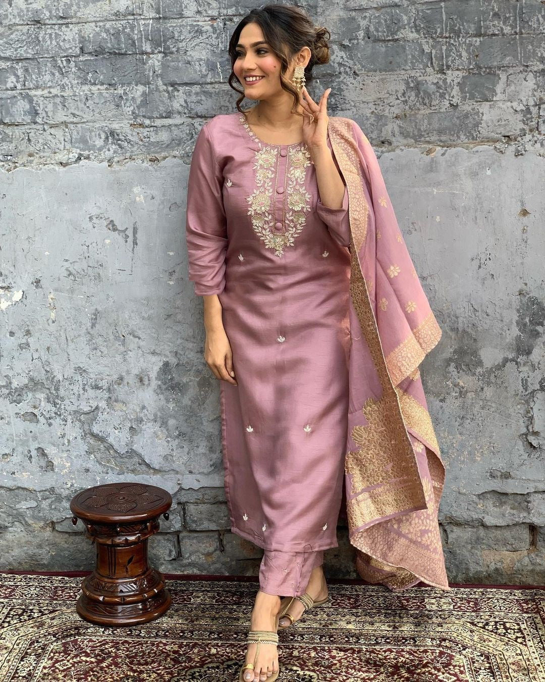 Viscose Chanderi Kurta Set With Dupatta