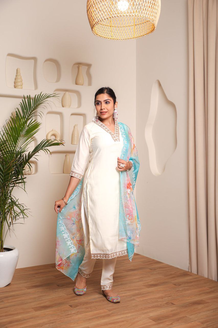 Trendy Designer Cotton Kurta Pant Dupatta Set With Embroidered And Printed For Women