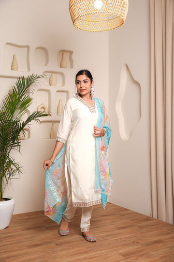 Trendy Designer Cotton Kurta Pant Dupatta Set With Embroidered And Printed For Women