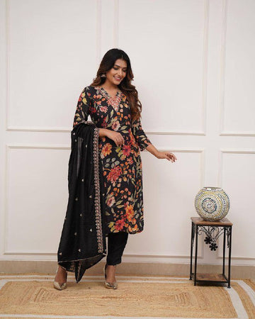 Black Pure Russian Silk Kurta Set With Dupatta