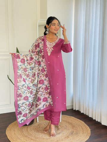 Pink Viscose Chanderi Kurta Set with Linen Dupatta
